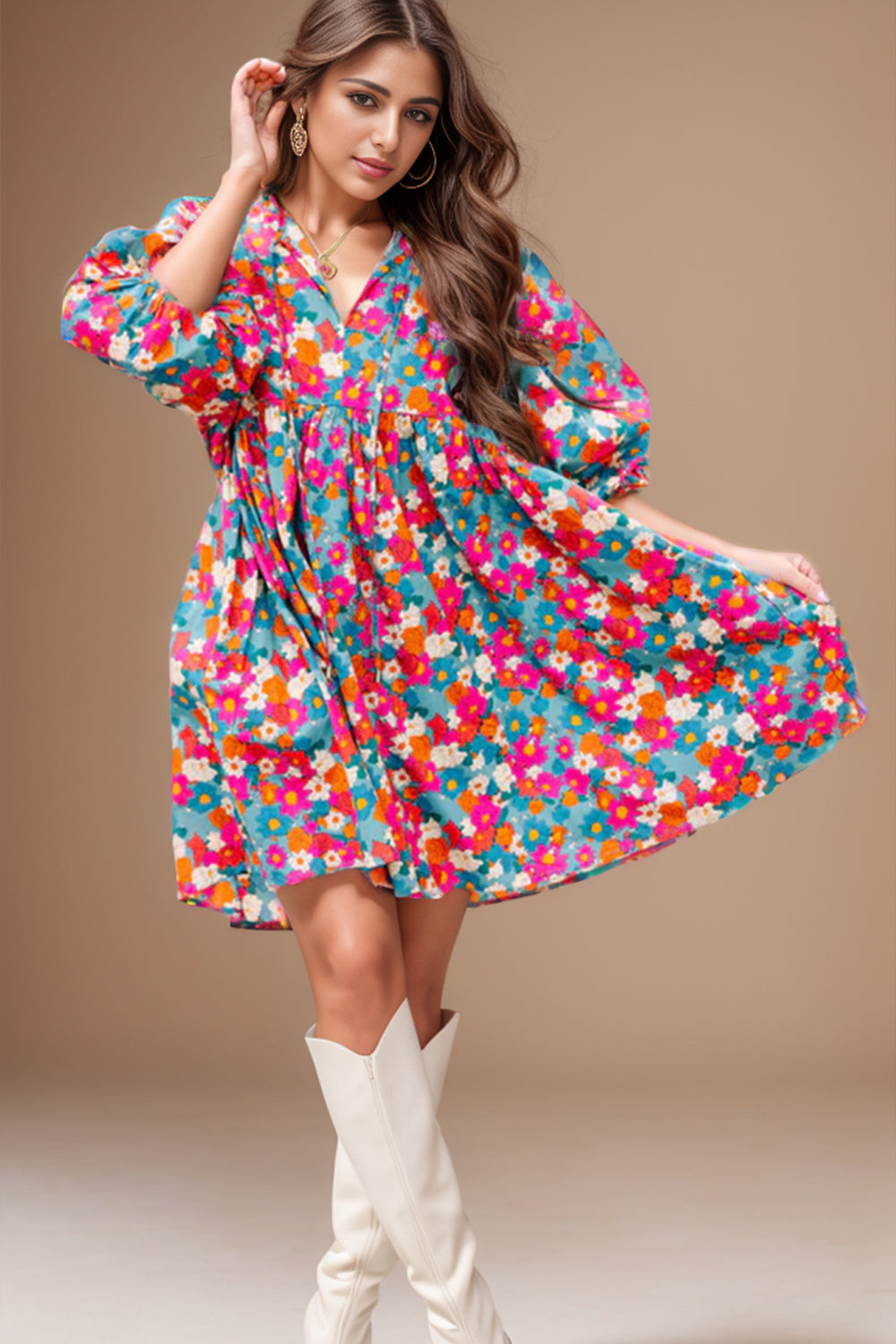 Preorder Floral Tie Neck Puff Sleeve Mini Dress