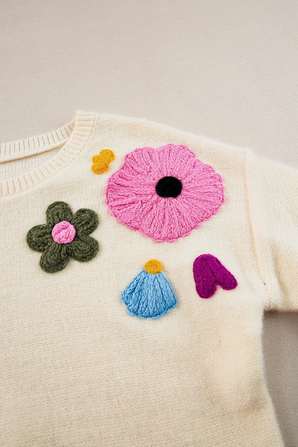 Preorder Crochet Flower Round Neck Dropped Shoulder Sweater