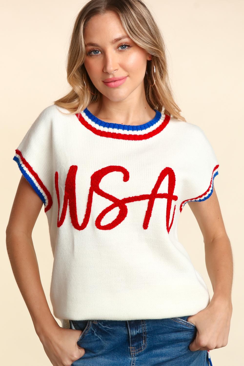 USA Letter Embroidery Slit Knit Top