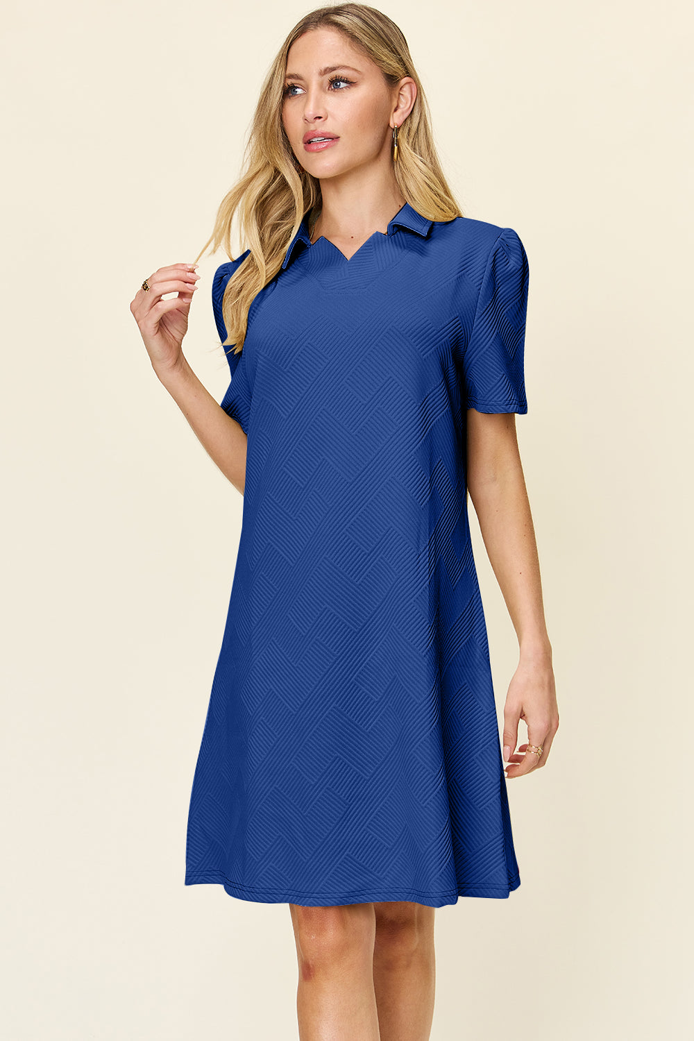 Preorder Full Size Texture Collared Neck Short Sleeve Dress