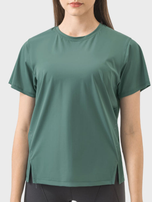 Slit Round Neck Short Sleeve Active T-Shirt