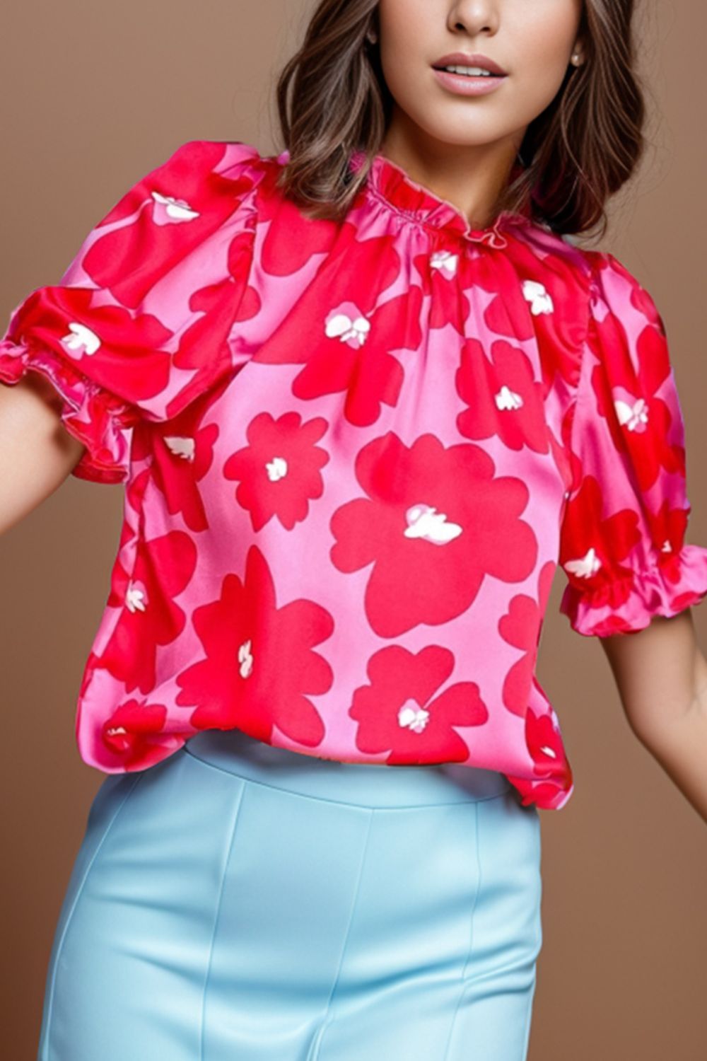 Preorder Ruffled Printed Mock Neck Short Sleeve Blouse