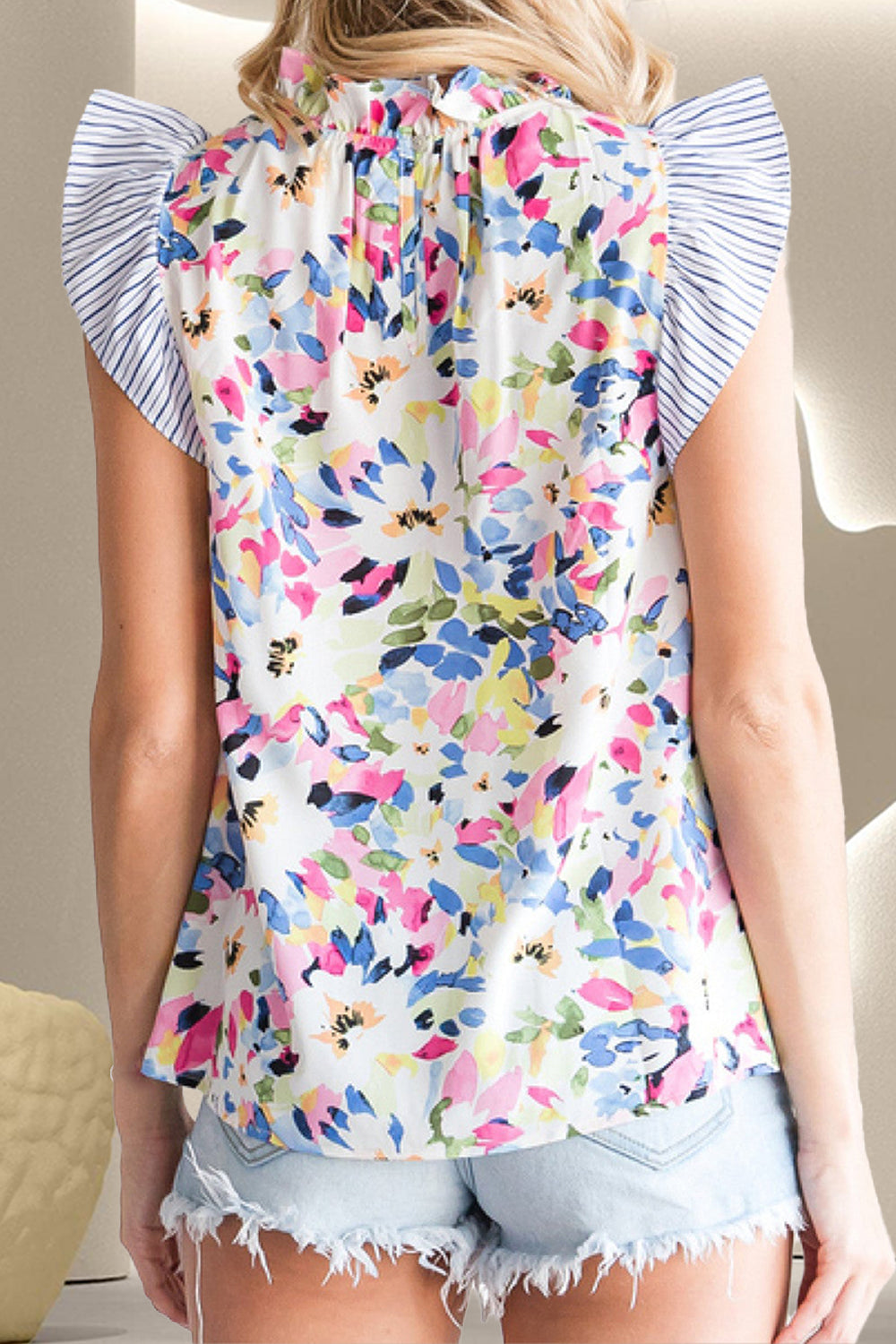 Preorder Ruffled Printed Mock Neck Cap Sleeve Blouse