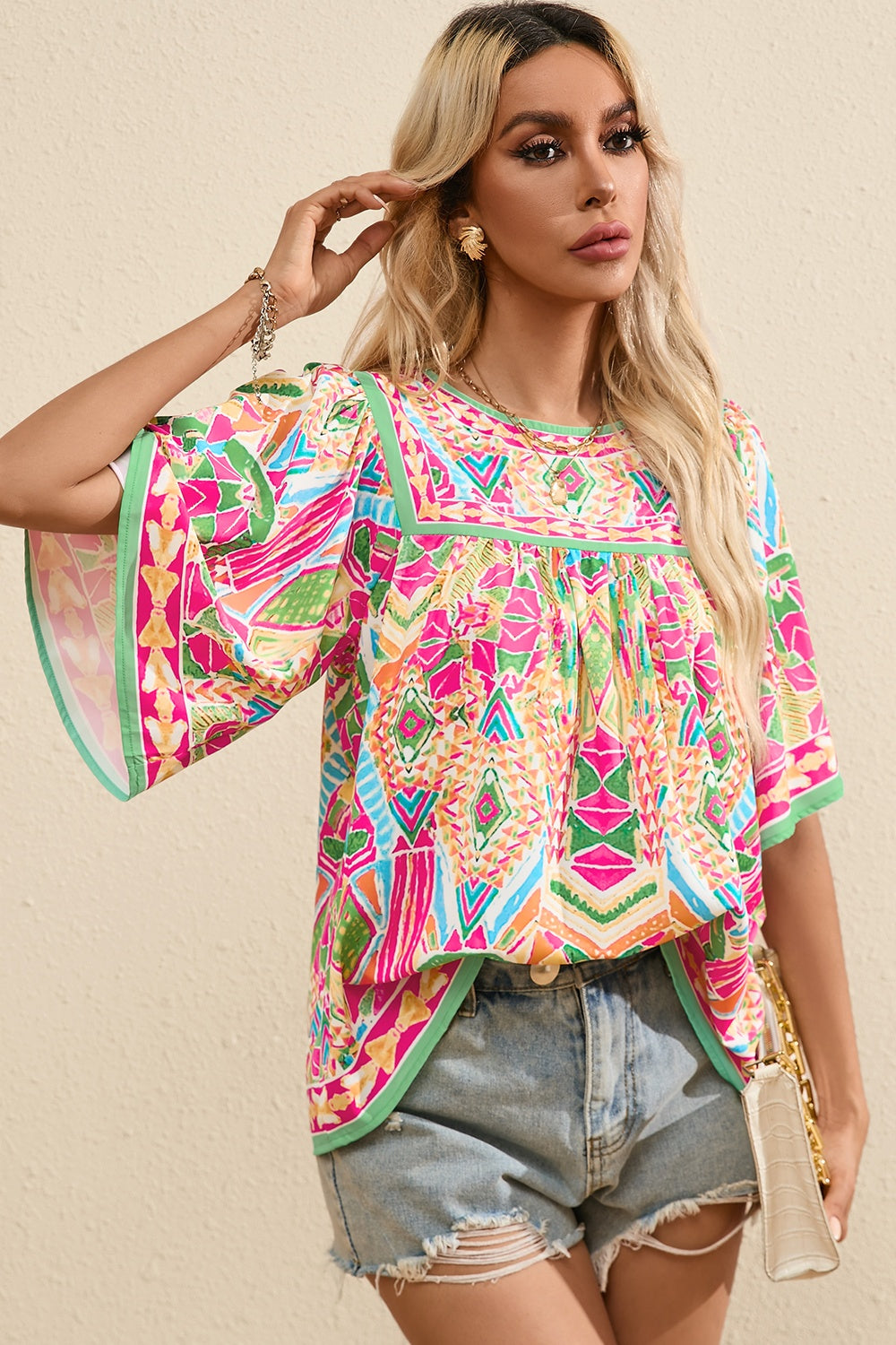 Preorder Printed Round Neck Half Sleeve Blouse