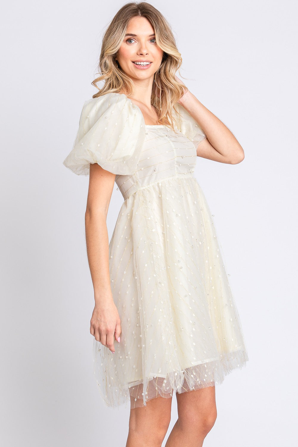 Pearl Mesh Puff Sleeve Babydoll Dress