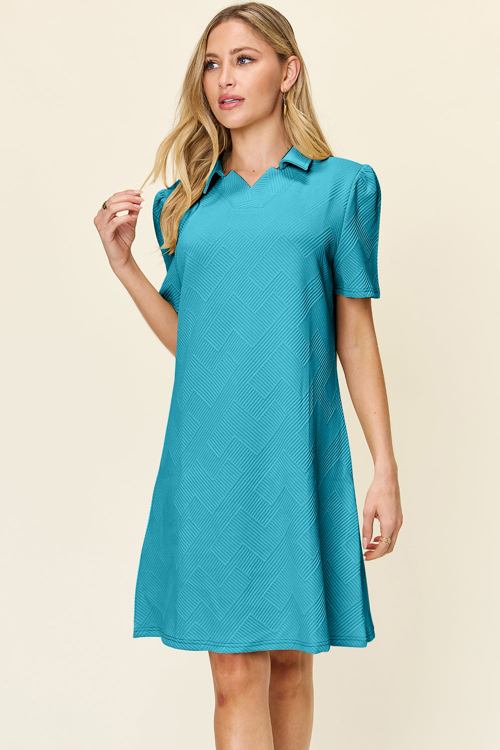 Preorder Full Size Texture Collared Neck Short Sleeve Dress