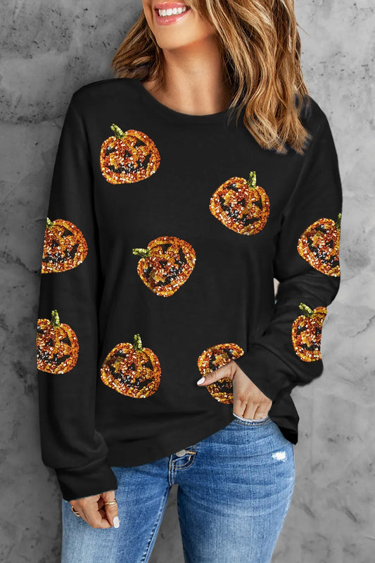 Preorder Sequin Pumpkin Round Neck Long Sleeve Top