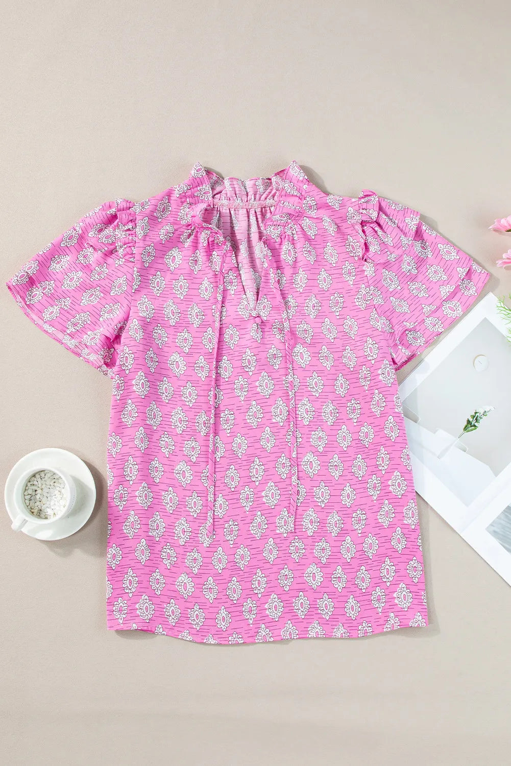 Preorder Ruffled Printed Tie Neck Short Sleeve Blouse