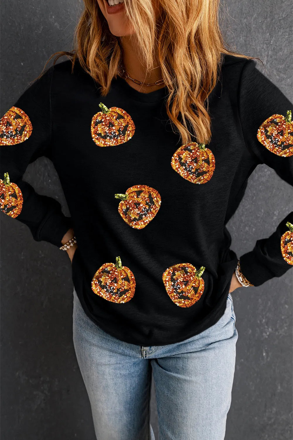 Preorder Sequin Pumpkin Round Neck Long Sleeve Top