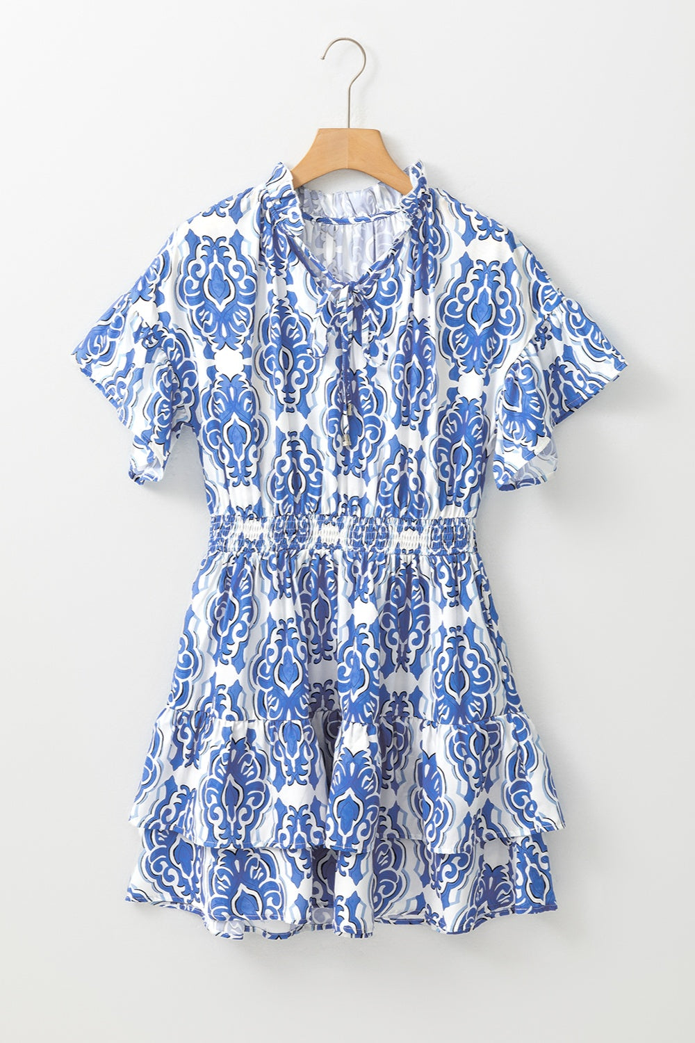 Preorder Printed Tie Neck Short Sleeve Mini Dress