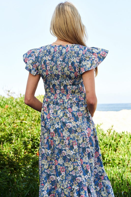 Vintage Garden Floral Flutter Smocking Midi Dress