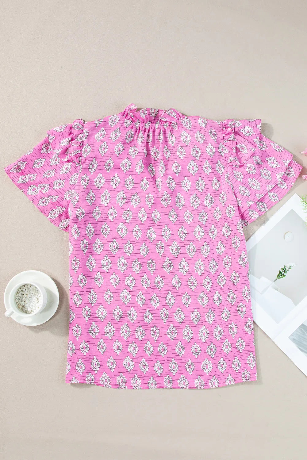 Preorder Ruffled Printed Tie Neck Short Sleeve Blouse