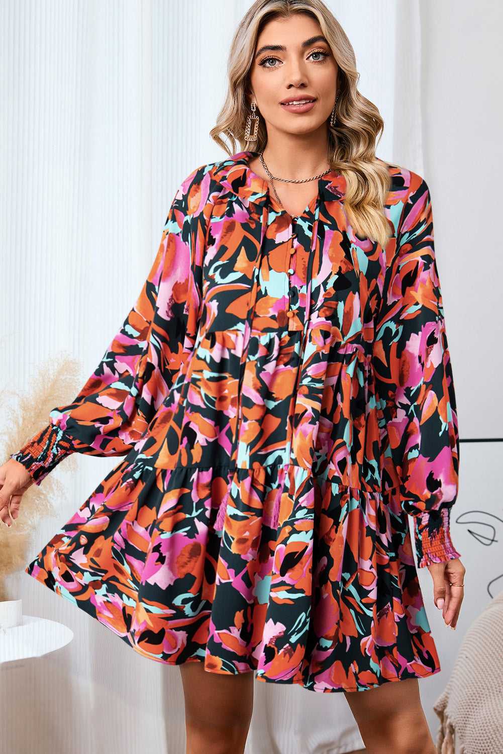 Preorder Printed Tie Neck Lantern Sleeve Mini Dress