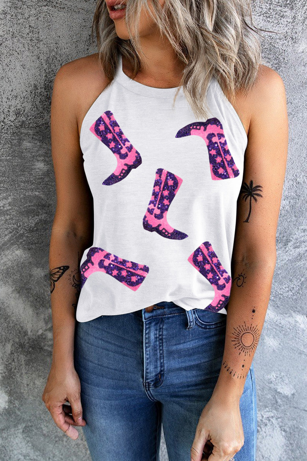 Preorder Sequin Boots Print Round Neck Tank