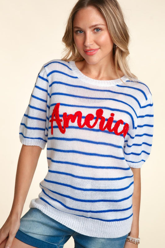 America Letter Embroidery Striped Knit Top