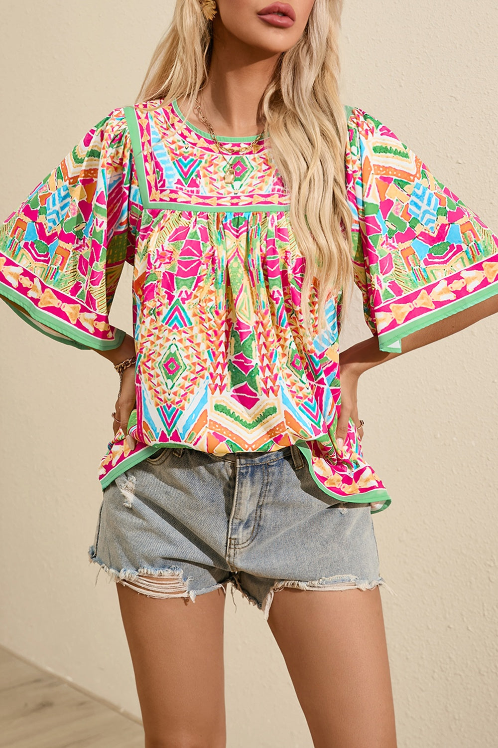 Preorder Printed Round Neck Half Sleeve Blouse