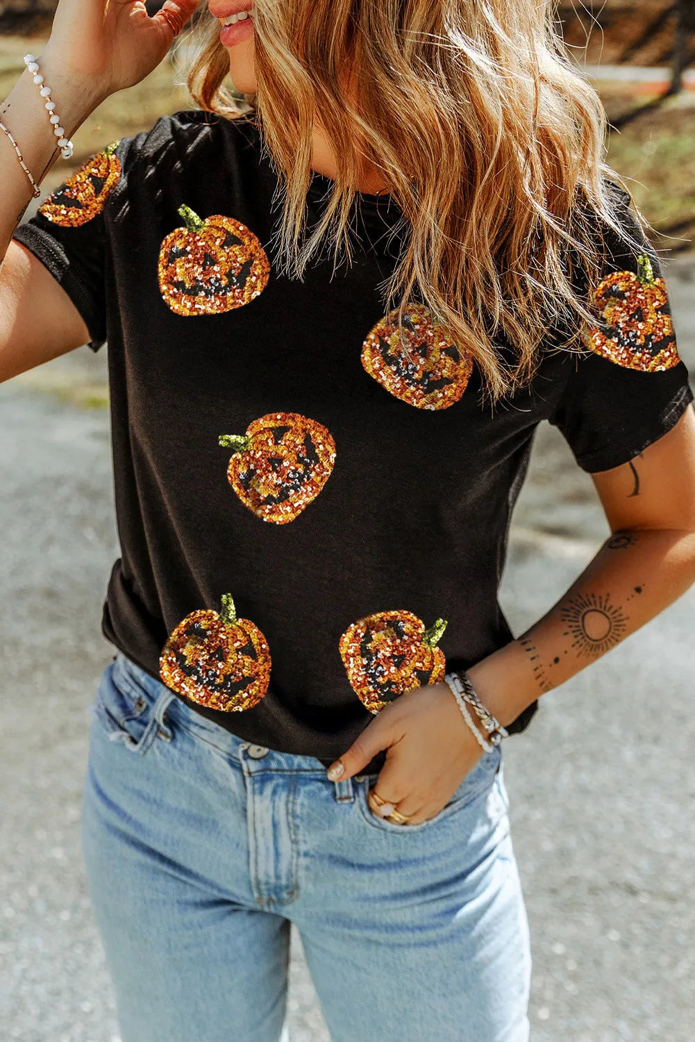 Preorder Sequin Pumpkin Round Neck Short Sleeve T-Shirt