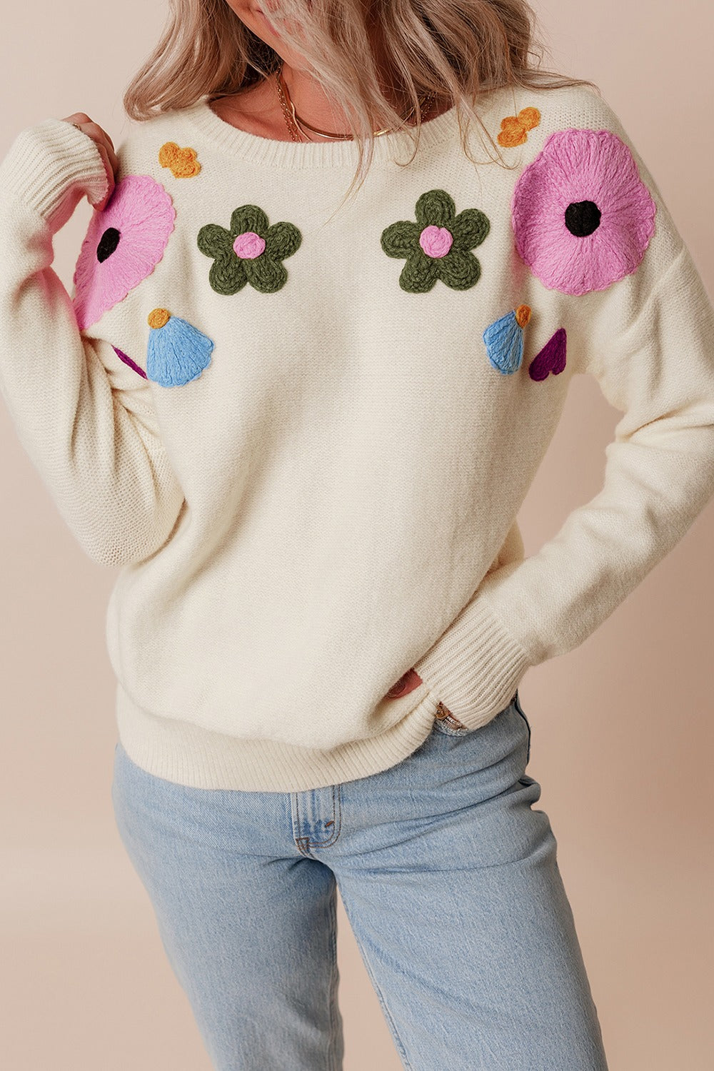 Preorder Crochet Flower Round Neck Dropped Shoulder Sweater