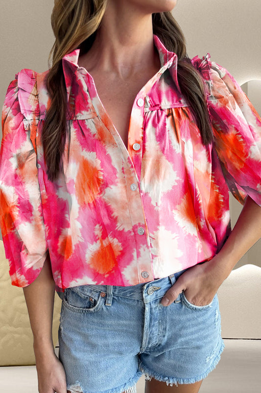 Preorder Frill Contrast Print Collared Neck Half Sleeve Shirt