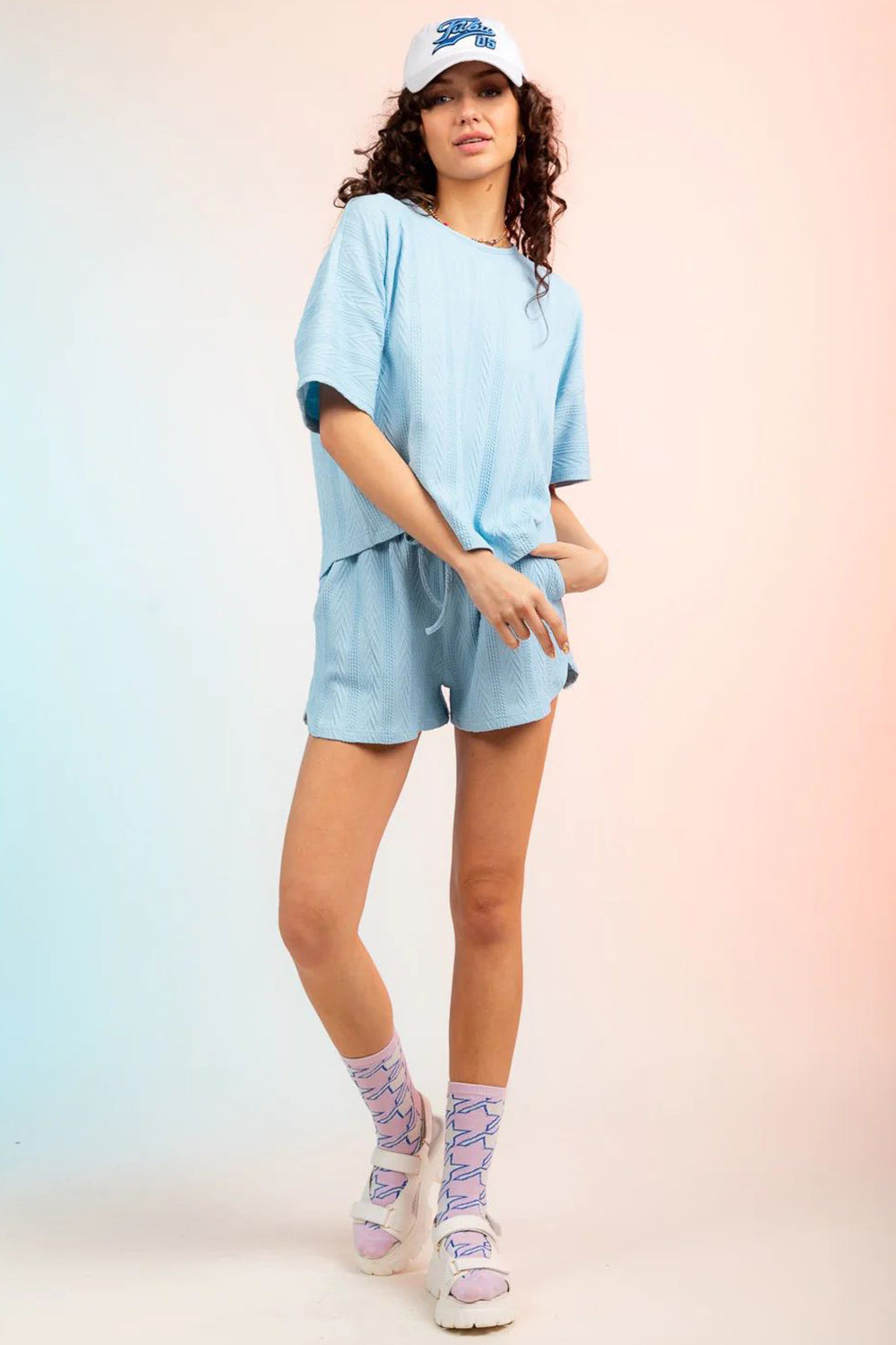 Preorder Textured Round Neck Top and Shorts Set