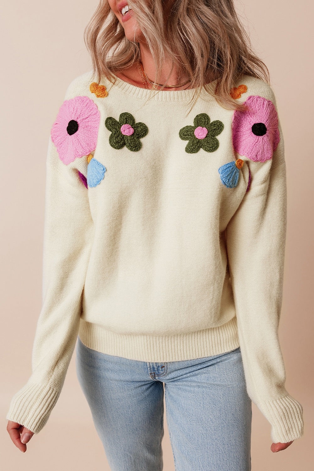 Preorder Crochet Flower Round Neck Dropped Shoulder Sweater