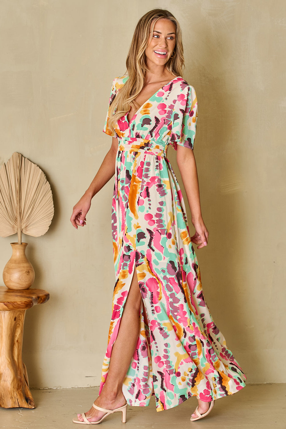 Preorder Slit Printed Surplice Short Sleeve Maxi Dress