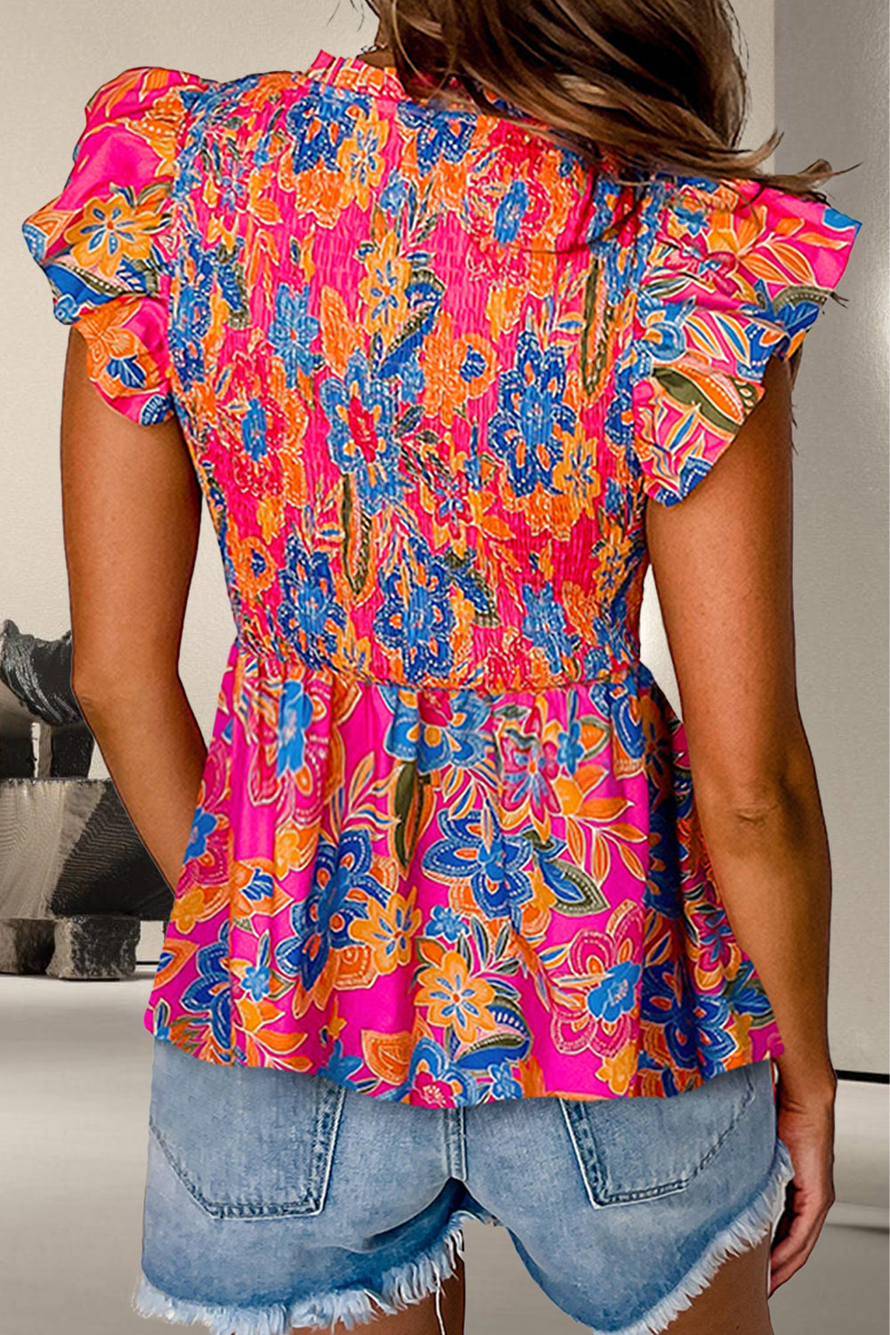 Preorder Smocked Printed V-Neck Cap Sleeve Blouse