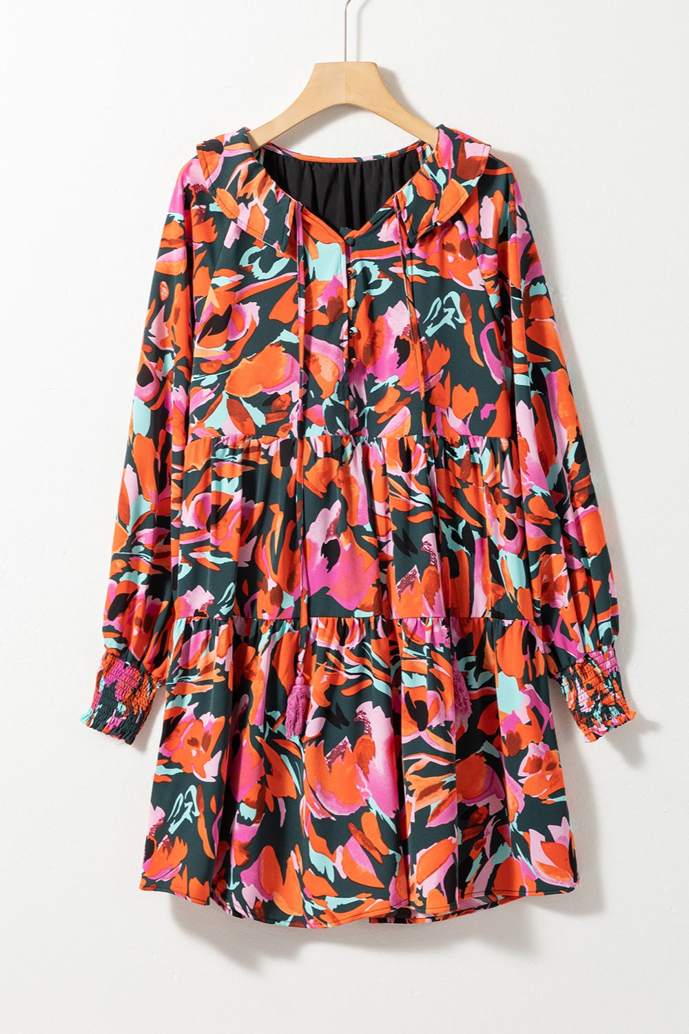 Preorder Printed Tie Neck Lantern Sleeve Mini Dress