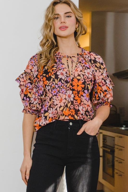 Floral Tie Neck Ruffled Blouse