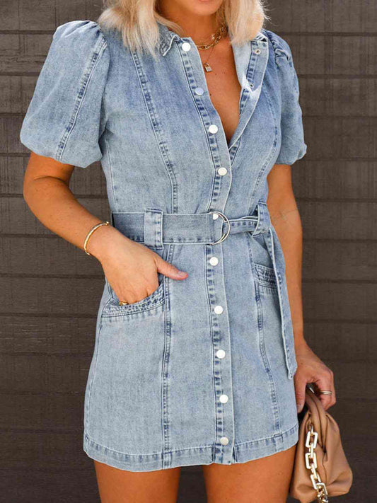 Preorder Puff Sleeve Button Up Mini Denim Dress