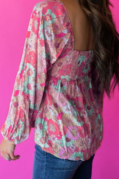 Preorder Smocked Printed Square Neck Balloon Sleeve Blouse