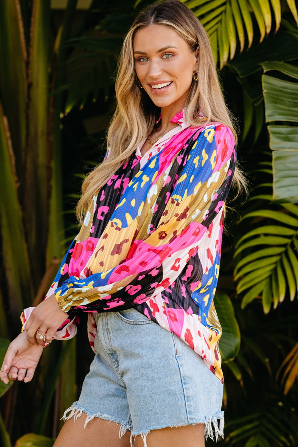 Preorder Printed Notched Long Sleeve Blouse