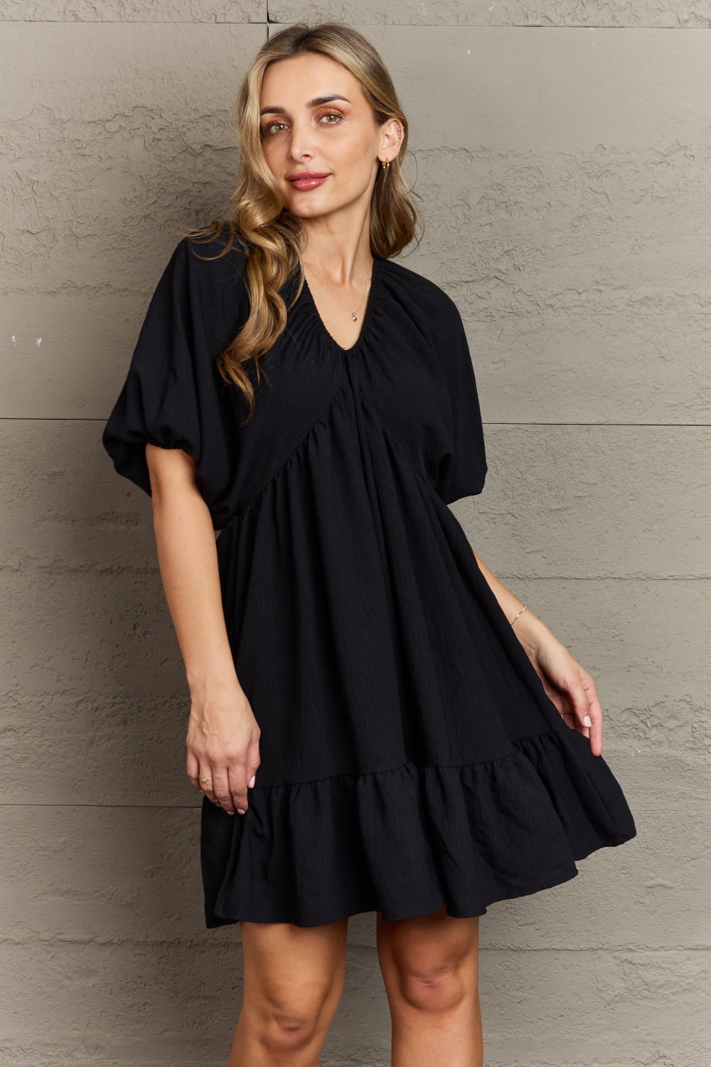 Comfort Darlin Double V-Neck Puff Sleeve Mini Dress