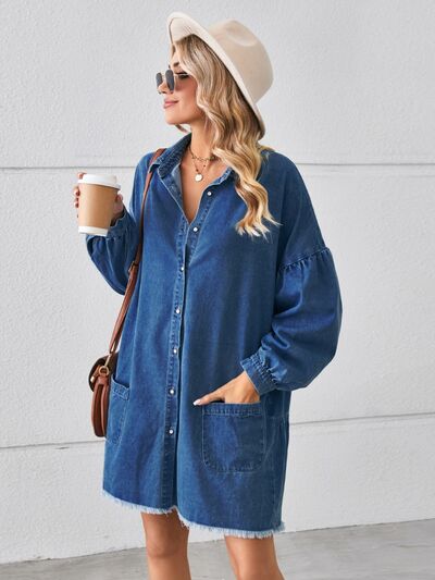 Preorder Button Up Pocketed Raw Hem Denim Dress