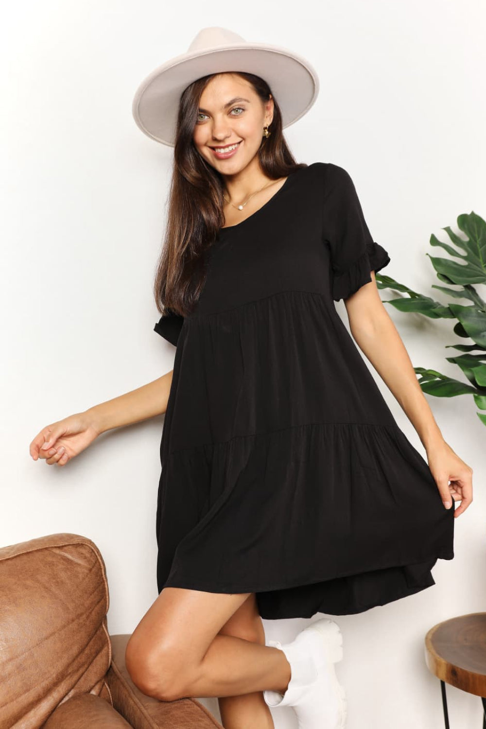 Garden Dress V-Neck Flounce Sleeve Tiered Dress