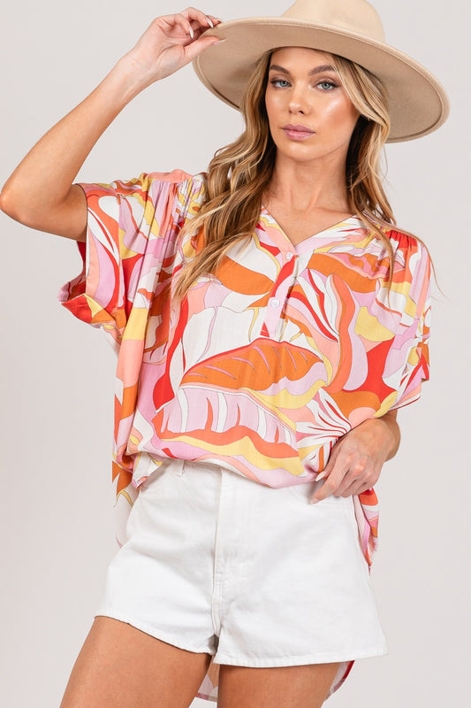 Abstract Print Half Button Blouse