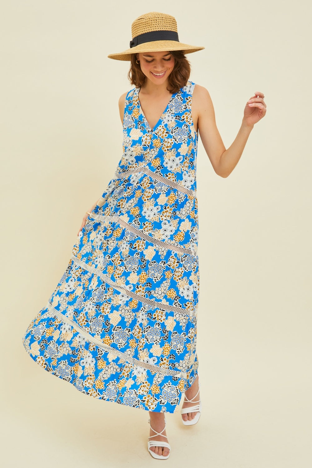 Printed Crochet Trim Maxi Dress