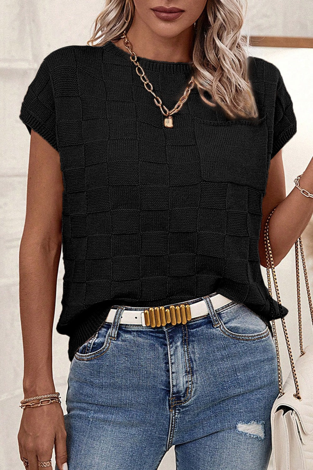 Preorder Pocketed Checkered Round Neck Knit Top