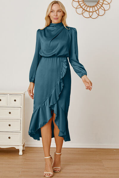 Preorder Mock Neck Ruffled Asymmetrical Dress