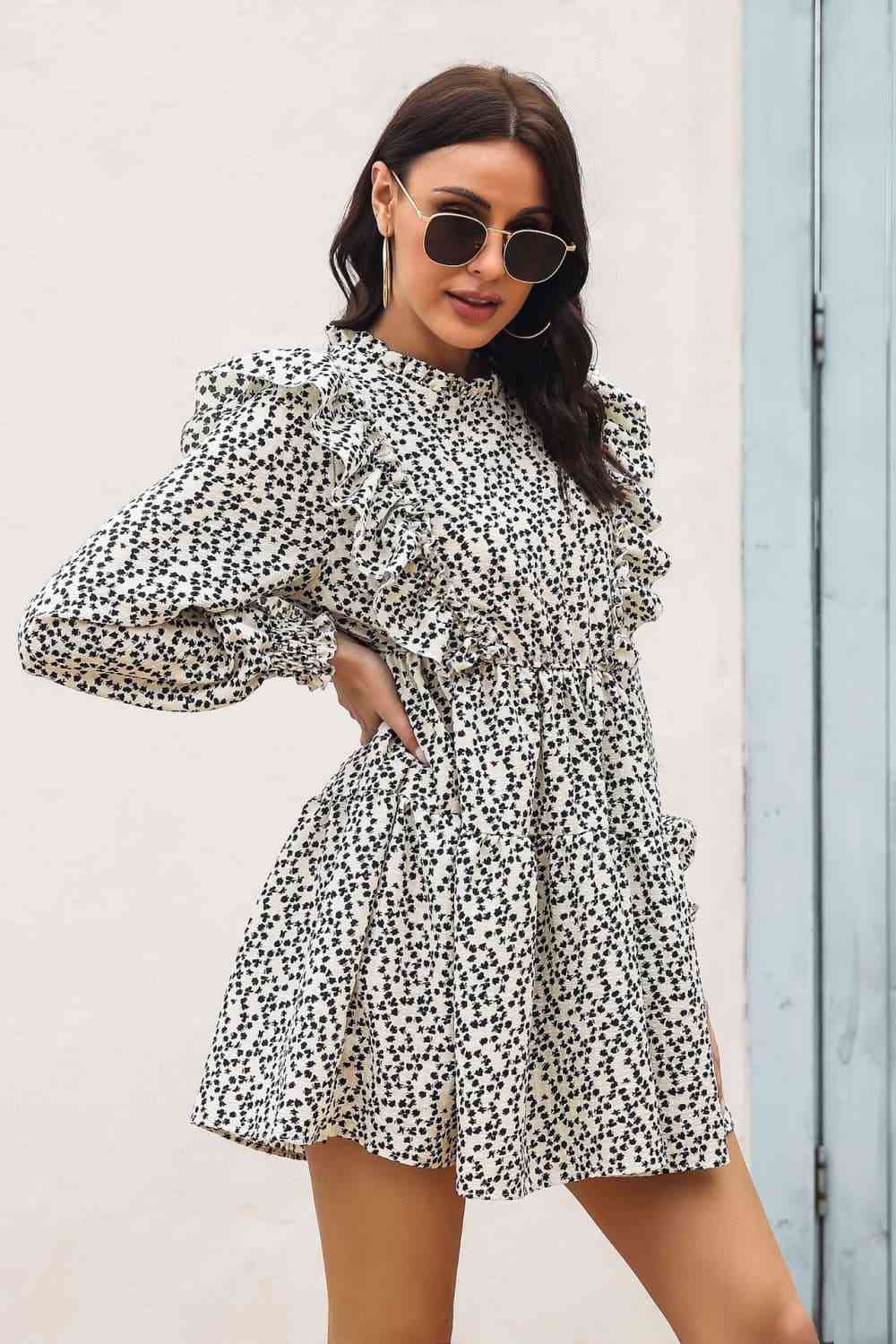 Preorder Printed Ruffle Trim Smocked Long Sleeve Mini Dress