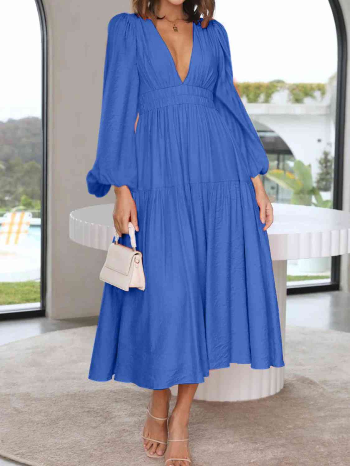 PREORDER Deep V-Neck Balloon Sleeve Plain Maxi Dress