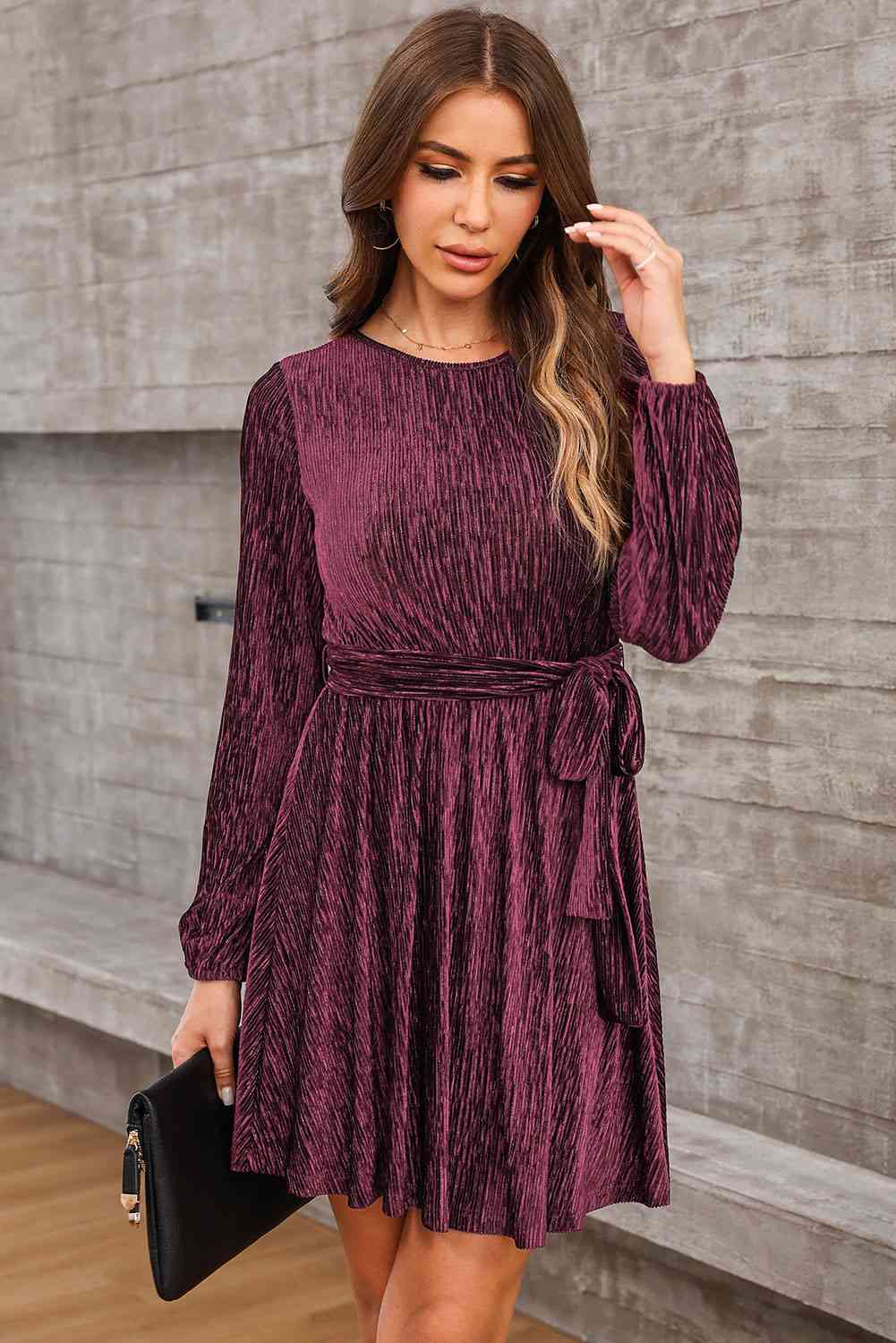 PREORDER Round Neck Tie Front Long Sleeve Dress