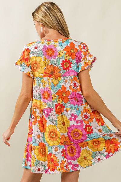 Floral Short Sleeve Tiered Dress