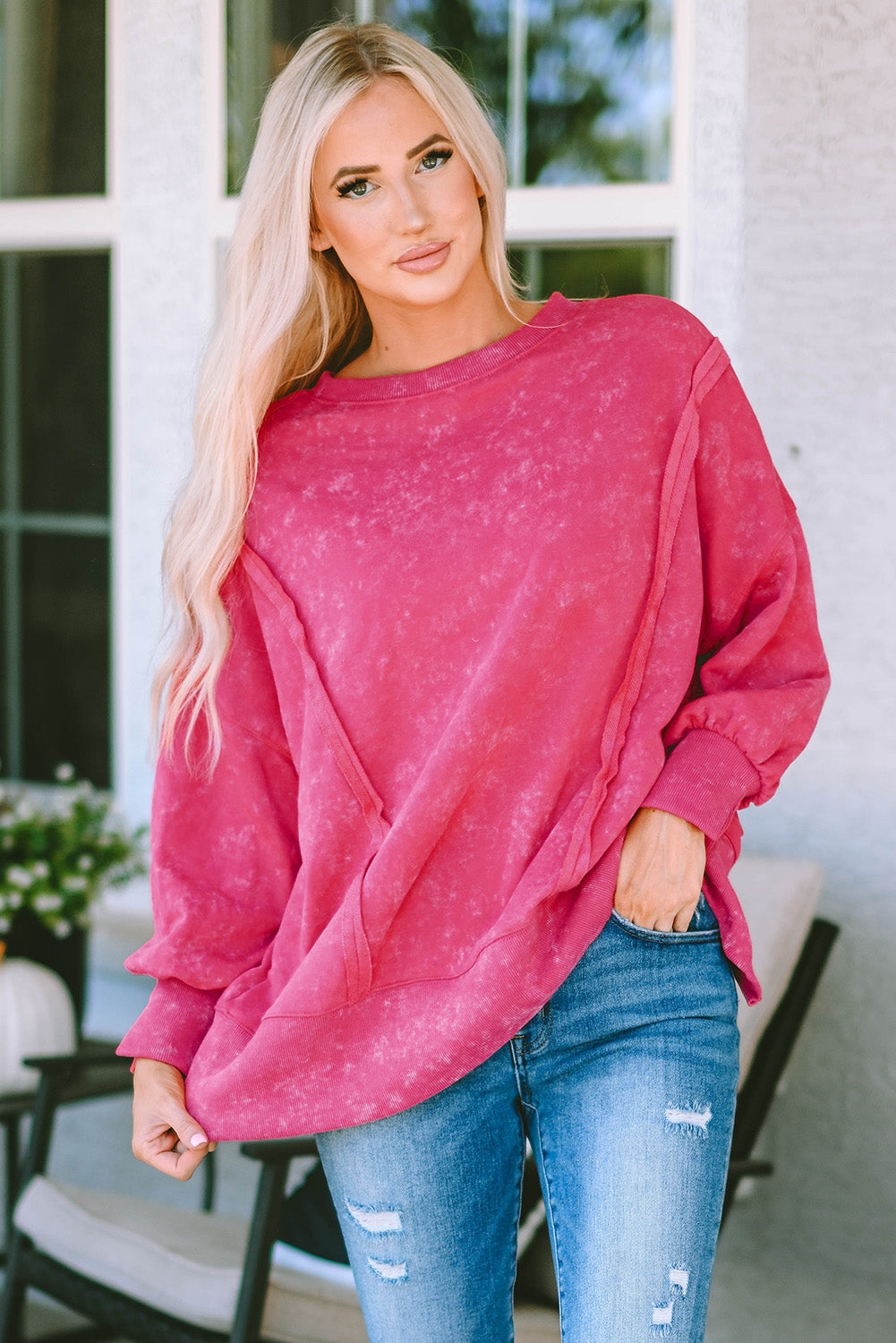 Preorder Acid Wash Round Neck Seam Detail Slit Sweatshirt