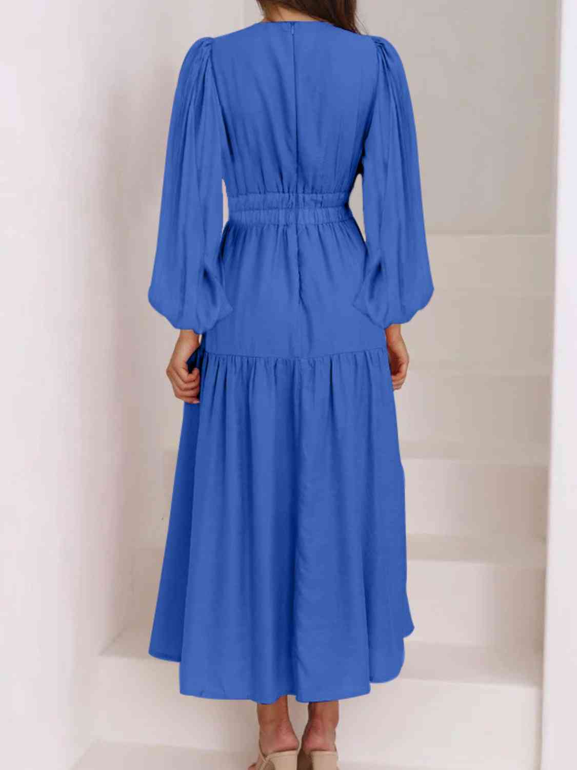 PREORDER Deep V-Neck Balloon Sleeve Plain Maxi Dress