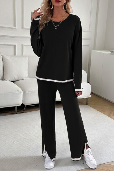 Preorder Contrast Trim Round Neck Top and Pants Set
