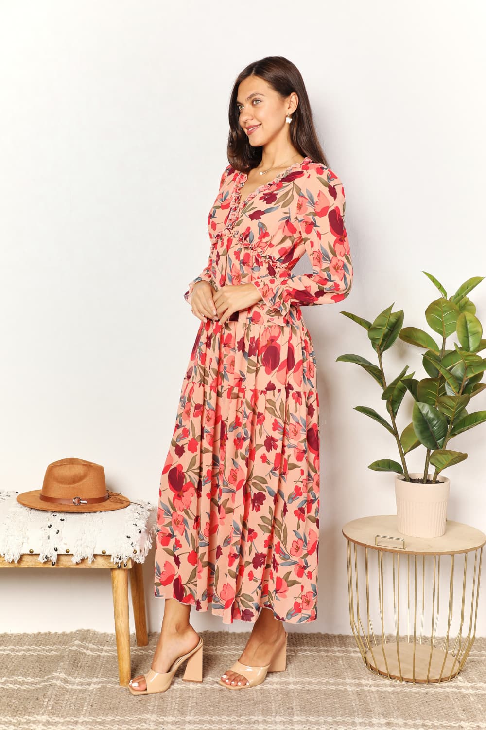 Floral Frill Trim Flounce Sleeve Maxi Dress