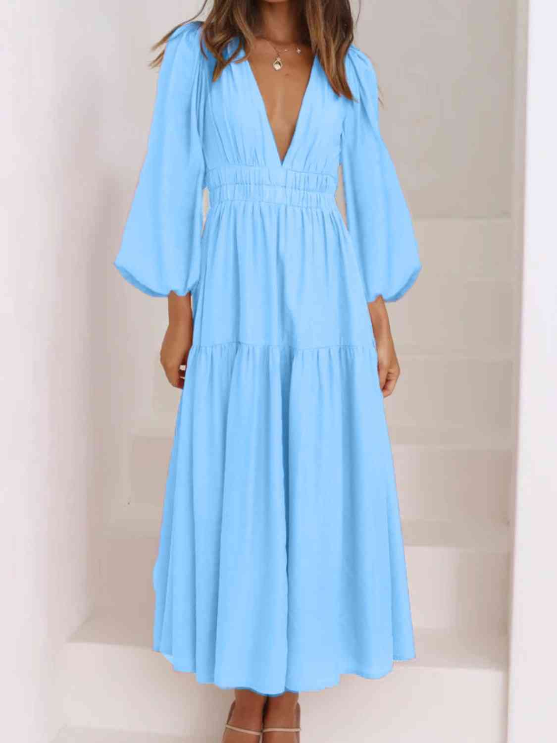 PREORDER Deep V-Neck Balloon Sleeve Plain Maxi Dress