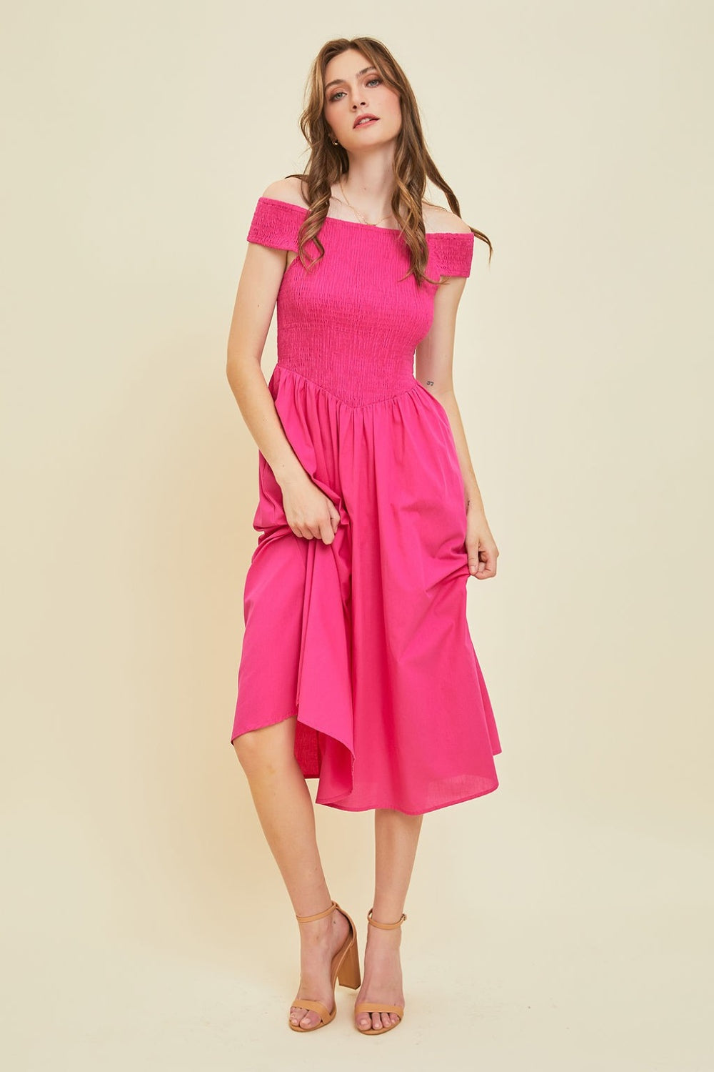 Off-Shoulder Smocked Midi Dress