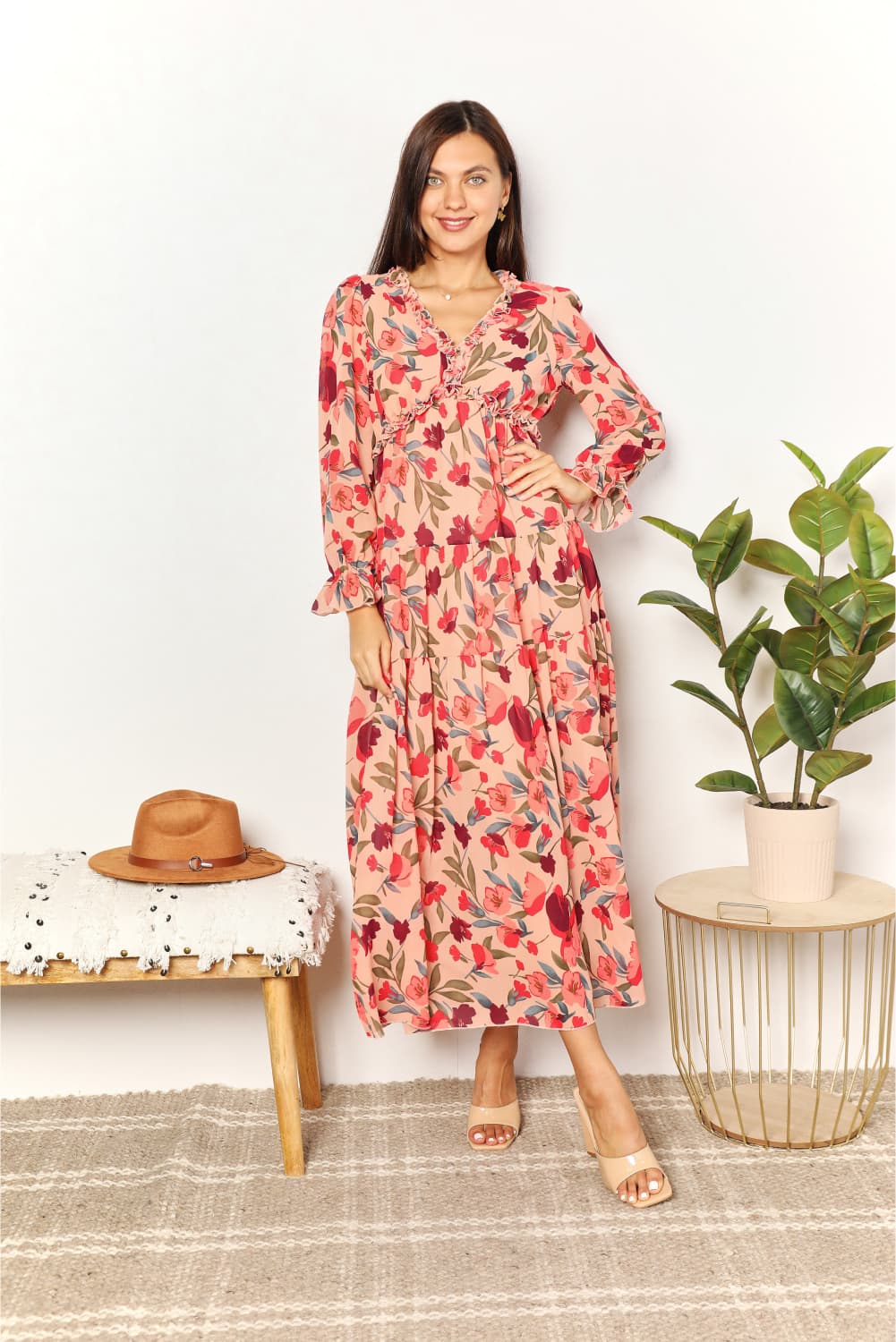 Floral Frill Trim Flounce Sleeve Maxi Dress